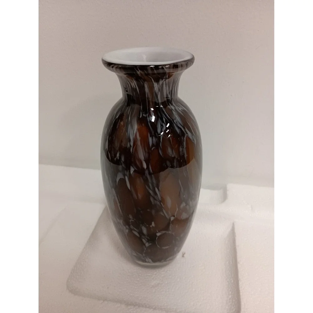 Vintage Art Glass Vase Hand Blown Tortoise Shell MCM Brown White Swirl 8.5